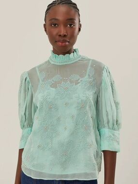 FARM Rio Mint Embroidered Sheer Blouse with Pearled Accents